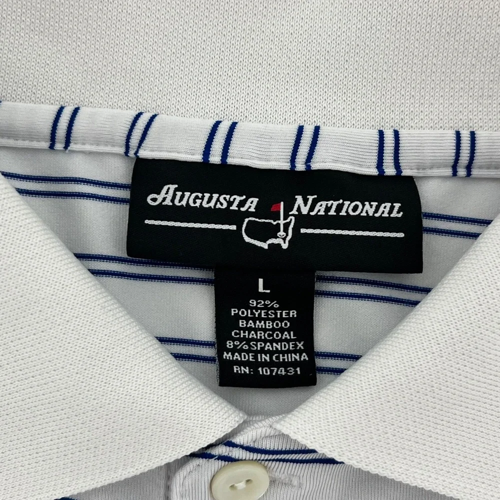 Augusta National Mens Size L Golf Polo Shirt White Blue Striped Short Sleeve - Picture 4 of 7